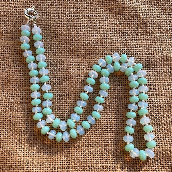 Mint Rondelle Glass & Opal Stone Beads Necklace Knotted Handmade New - Picture 1 of 10